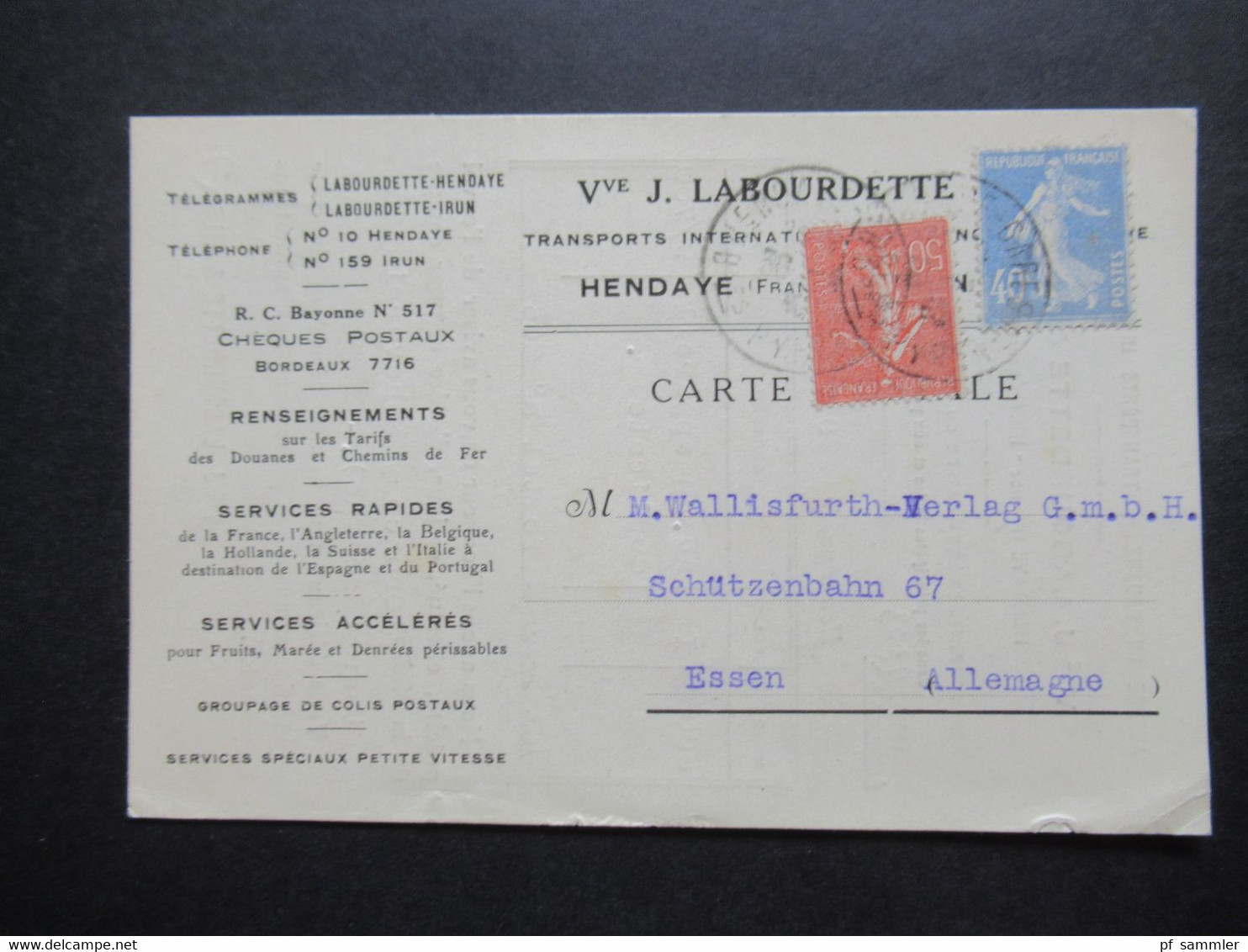 Frankreich 1930 Säerin MiF Firmen PK J. Labourdette Transports International Versand Nach Spanien / Appareil Dublicateur - Cartas & Documentos