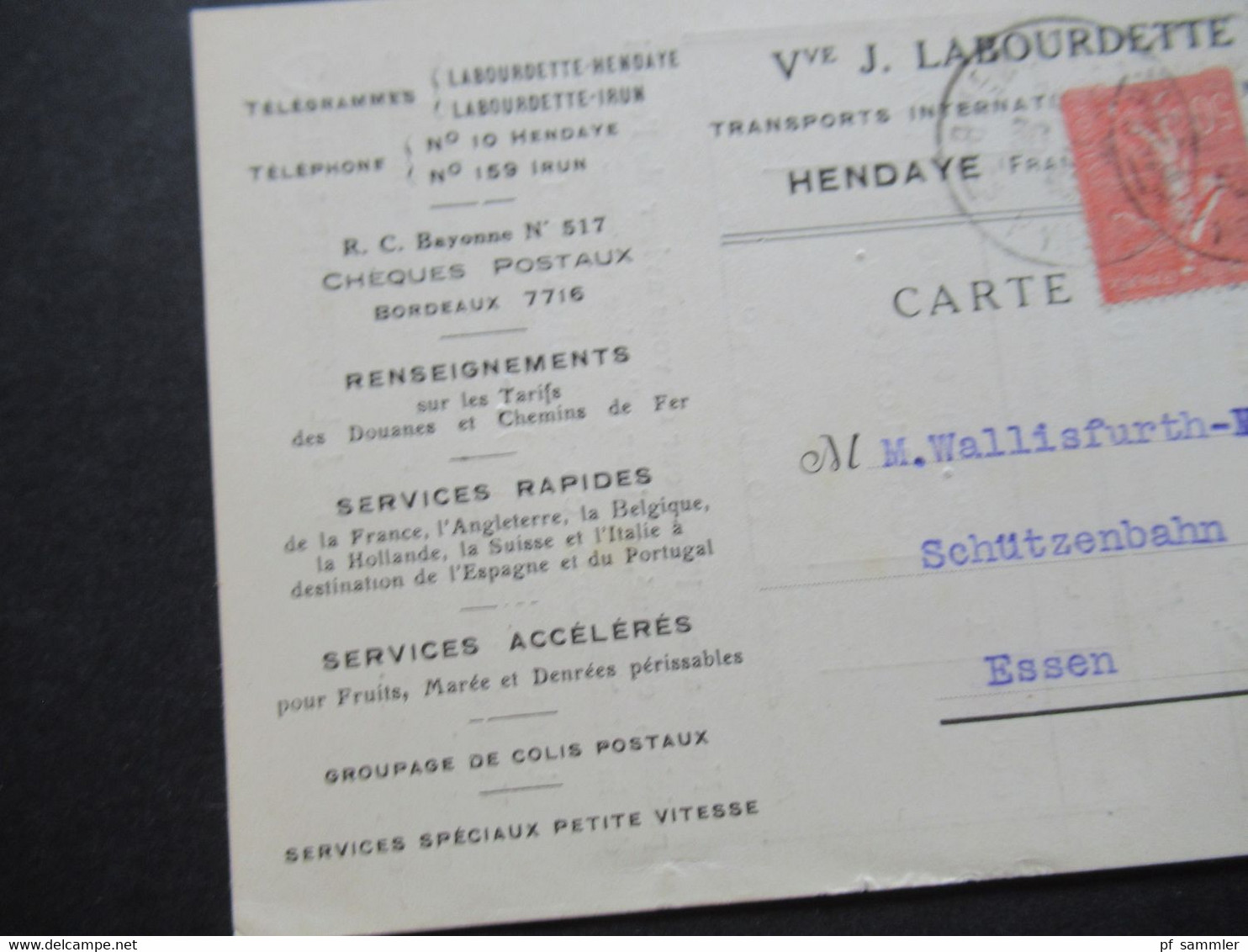 Frankreich 1930 Säerin MiF Firmen PK J. Labourdette Transports International Versand Nach Spanien / Appareil Dublicateur - Brieven En Documenten