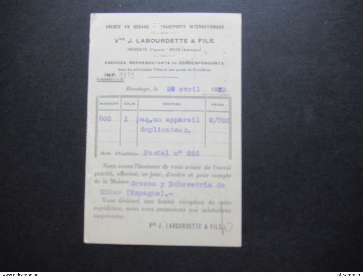 Frankreich 1930 Säerin MiF Firmen PK J. Labourdette Transports International Versand Nach Spanien / Appareil Dublicateur - Brieven En Documenten