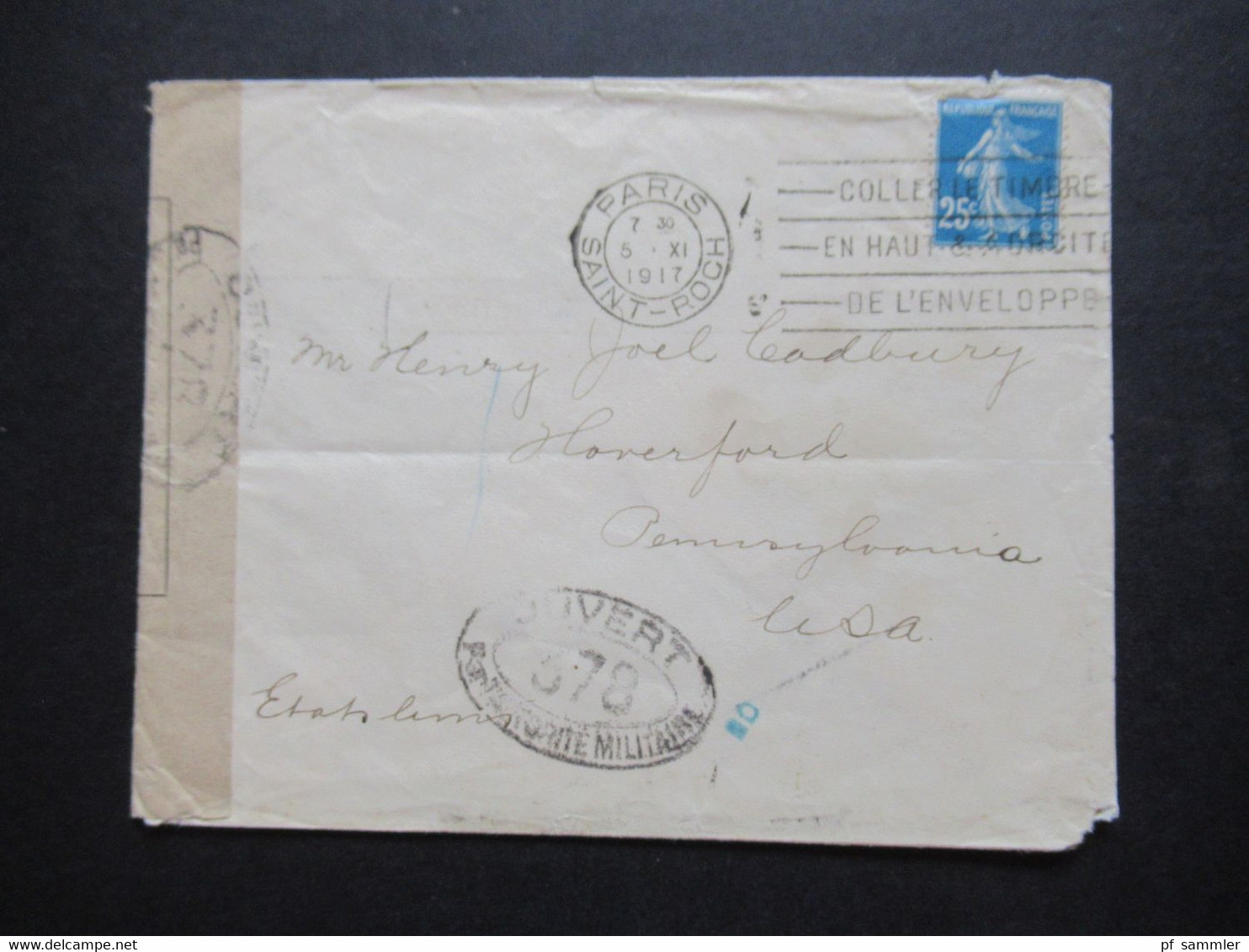 Frankreich 1917 Zensurbeleg 1.WK Auslandsbrief Von Paris In Die USA Mit Zensurstreifen Und Stempel Ouvert 378 - Lettres & Documents