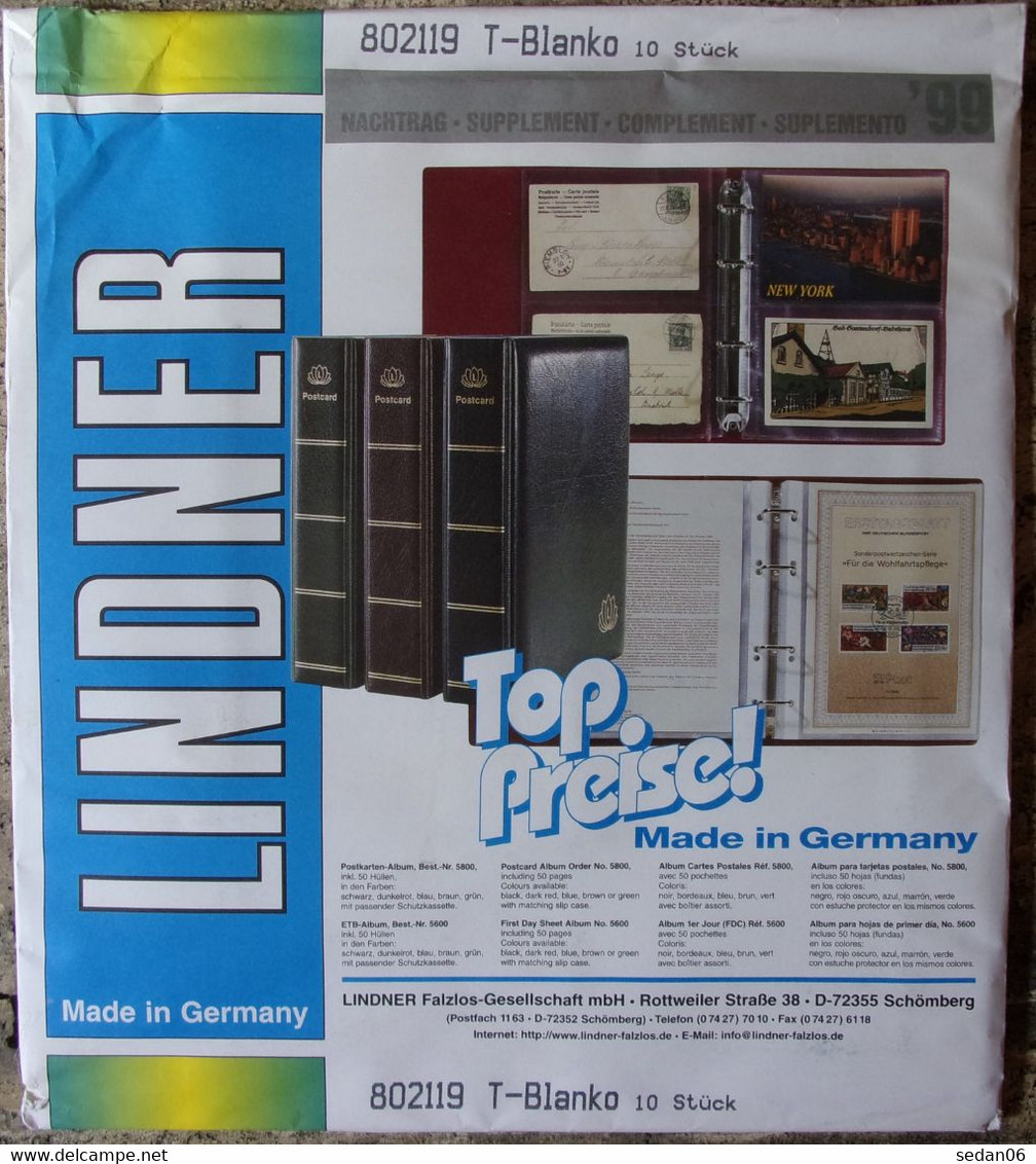 Lindner - Feuilles NEUTRES LINDNER-T REF. 802 119 P (2 Bandes Verticales) (paquet De 10) - For Stockbook