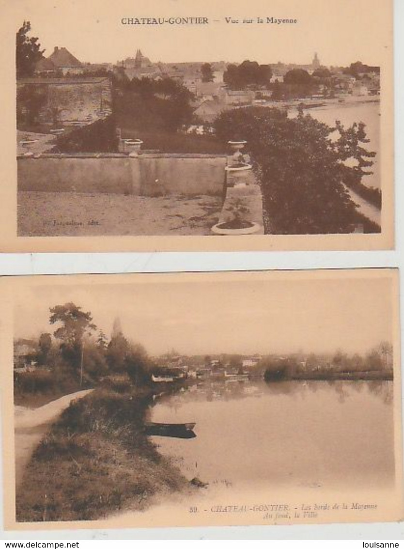 CHÂTEAU - GONTIER  ( 53 )  2  CPA  BORD  ET  VUE  SUR  LZ  MAYENNE  - ( 21 / 10 / 28  ) - Couptrain