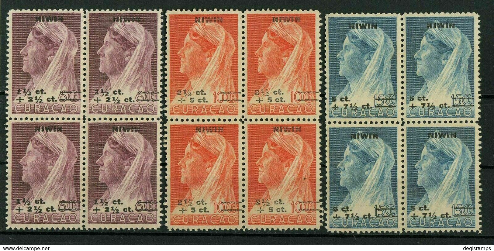 Curacao Set 1947 ☀ Overprint NIWIN, Block Of Four ☀ Mint Never Hinged(**) - Curaçao, Nederlandse Antillen, Aruba