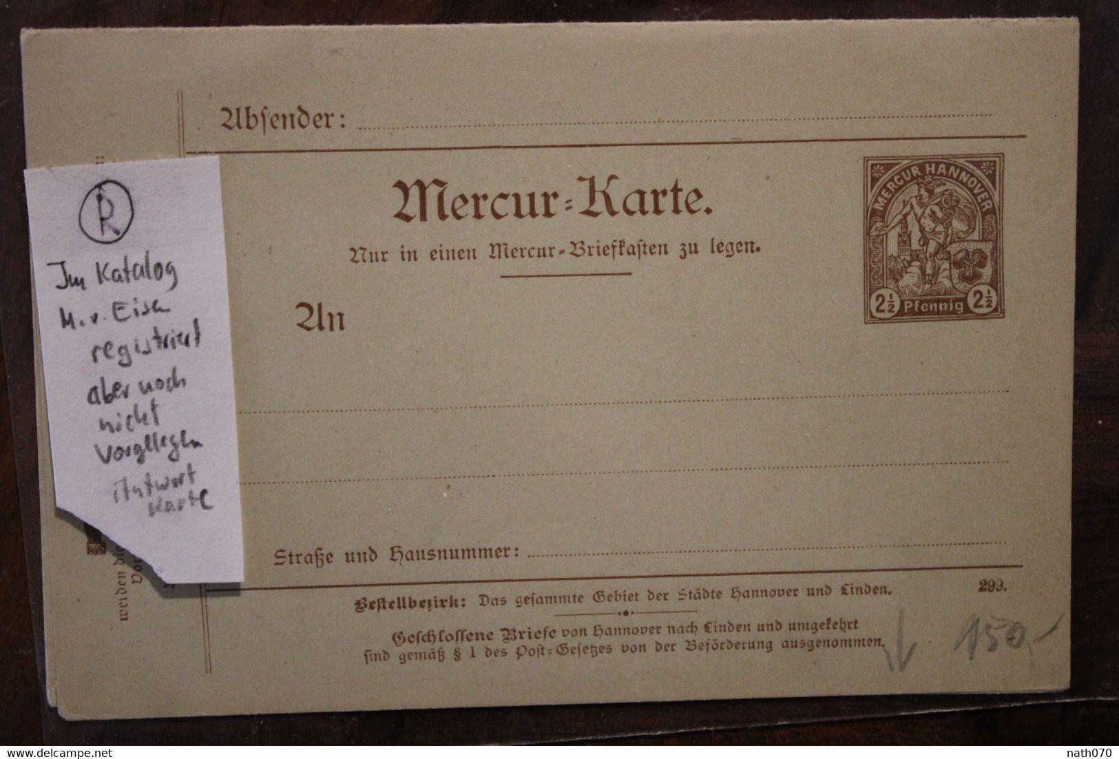1900's Hannover Mercur Karte Stadtbriefe Privatpost Stadtpost Privat Poste Privée Allemagne Cover - Postes Privées & Locales