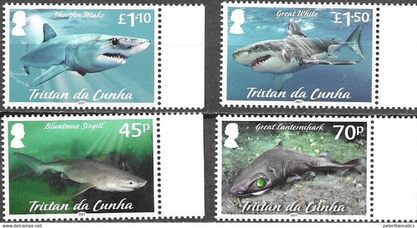 TRISTAN DA CUNHA, 2021, MNH, SHARKS, MARINE LIFE, 4v - Fishes