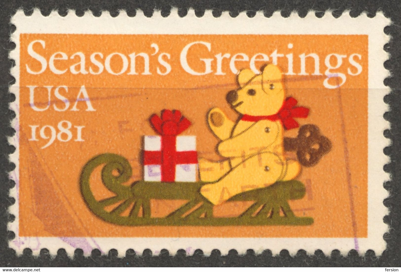 TEDDY BEAR - Toy SLEDGE GIFT Christmas Greetings 1981 USA - Charity Aid Label Cinderella Vignette - Marionette