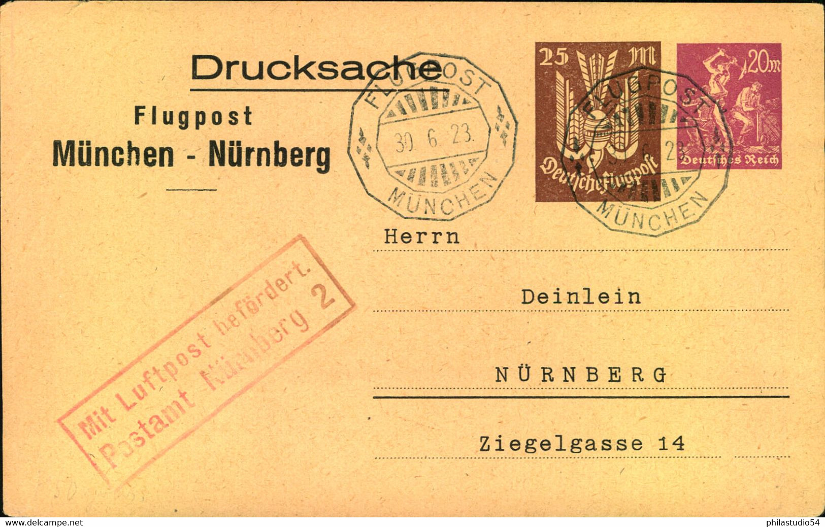 1923, Privatpostkarte Flugpost "München - Nürnberg" Mit Bestätigunngsstempel - Autres & Non Classés