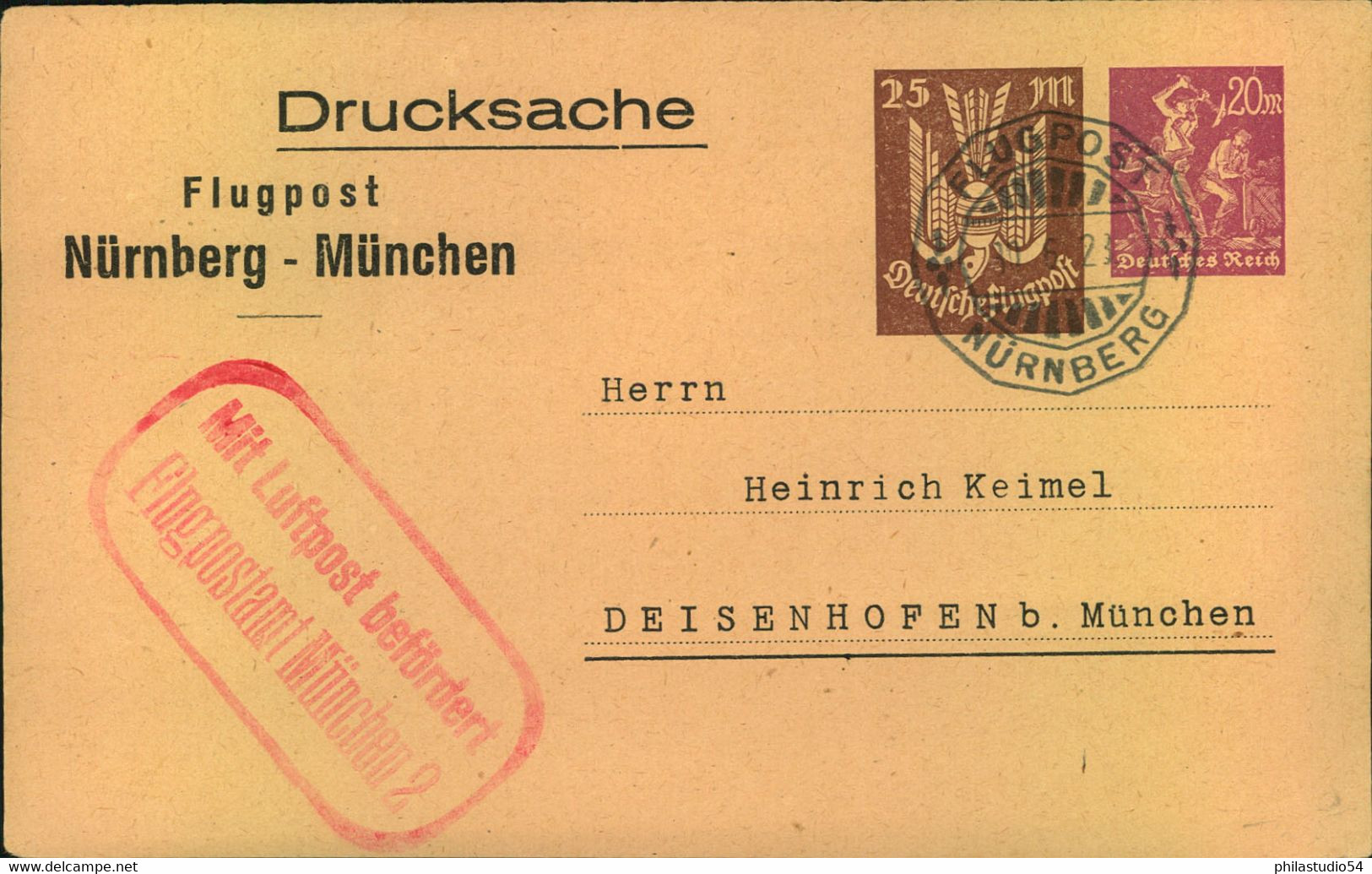 1923, Privatpostkarte Flugpost "Nürnberg - München" Mit Bestätigunngsstempel - Andere & Zonder Classificatie