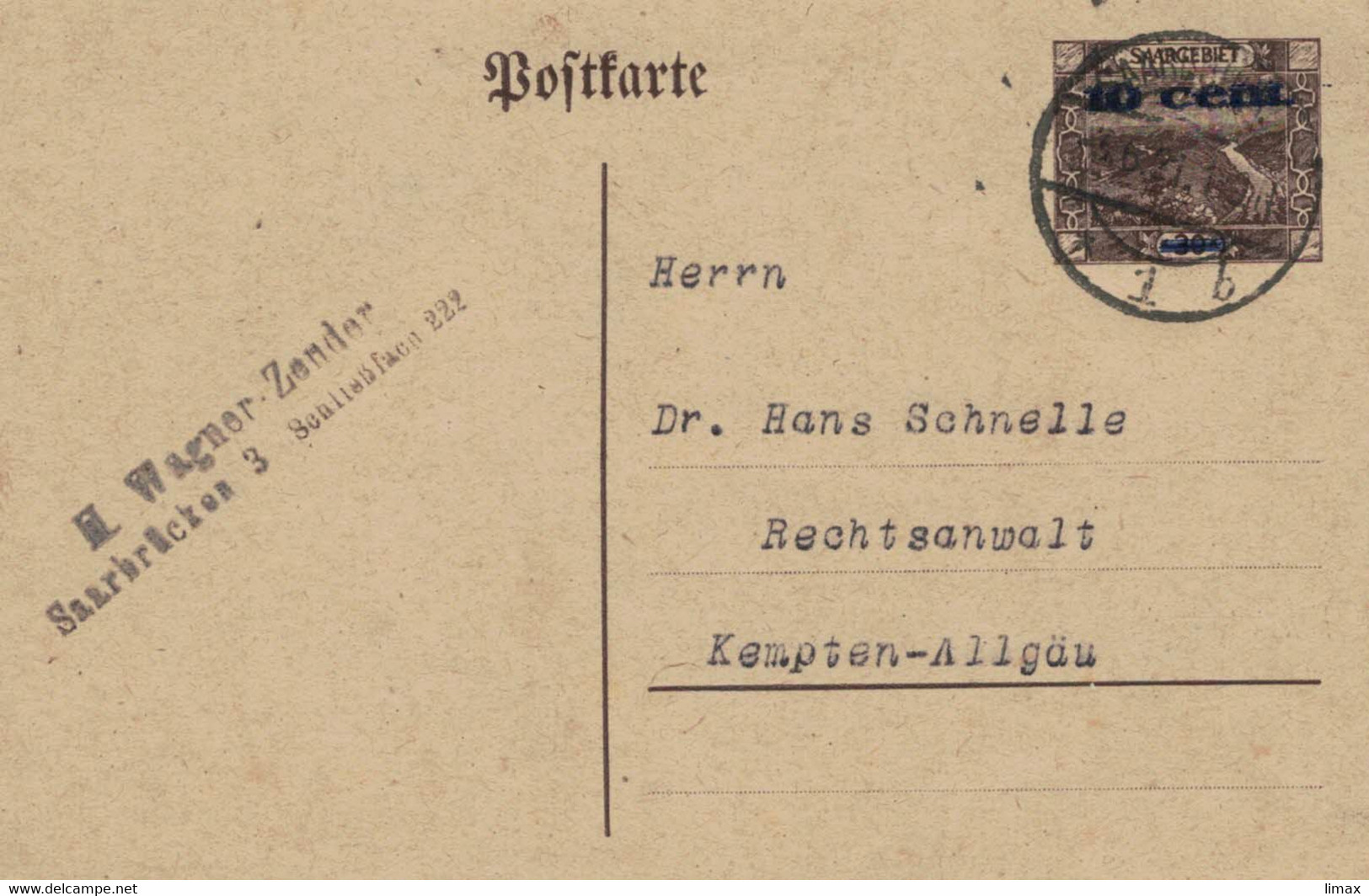 Ganzsache Mit Überdruck Wagner-Zender Saarbrücken 1921 > Kempten - Mandatsübertragung - Interi Postali