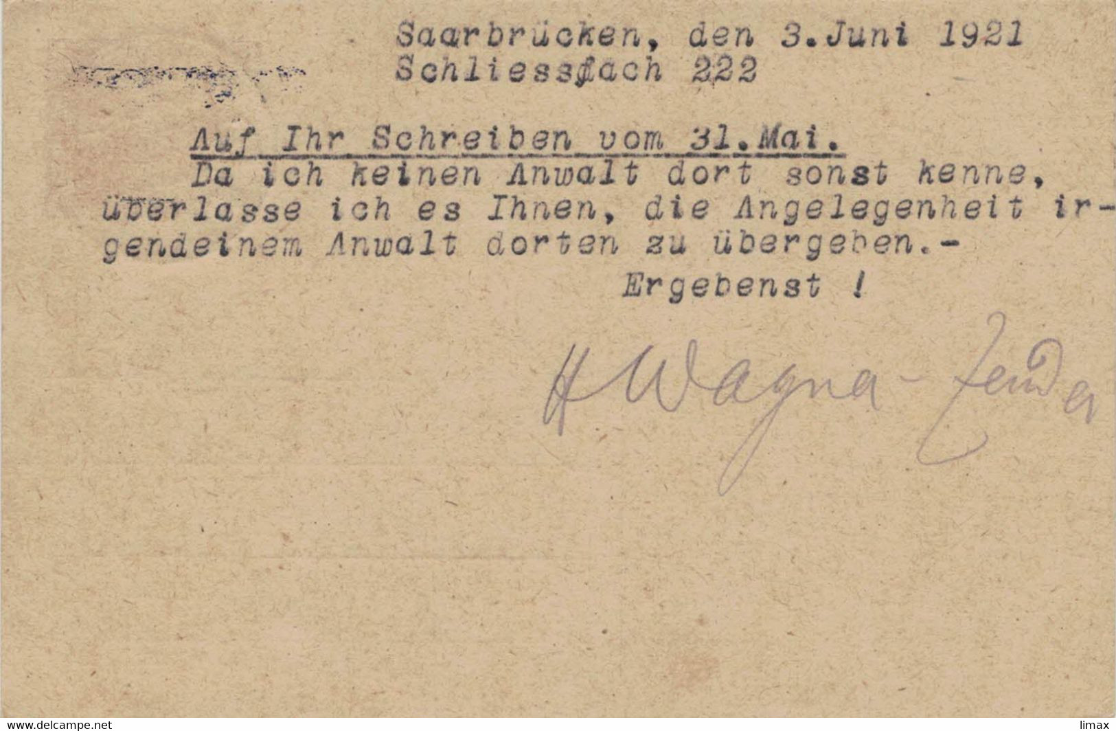 Ganzsache Mit Überdruck Wagner-Zender Saarbrücken 1921 > Kempten - Mandatsübertragung - Postwaardestukken