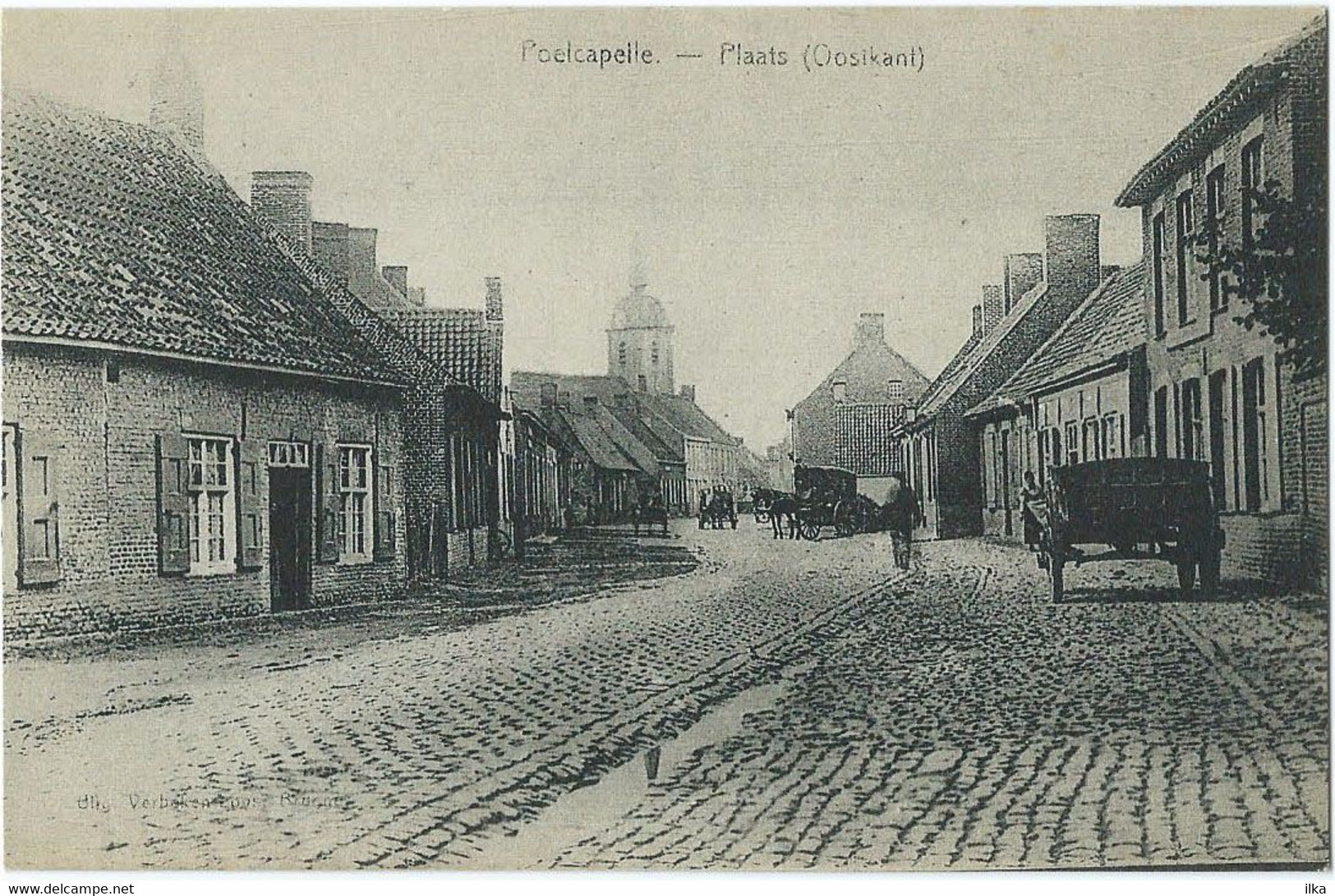 Poelcapelle - Plaats (Oostkant) - Paardenspan - Levendig/Animée - Grand Place (Côté D'est) - Attelage à Chevaux. - Langemark-Poelkapelle
