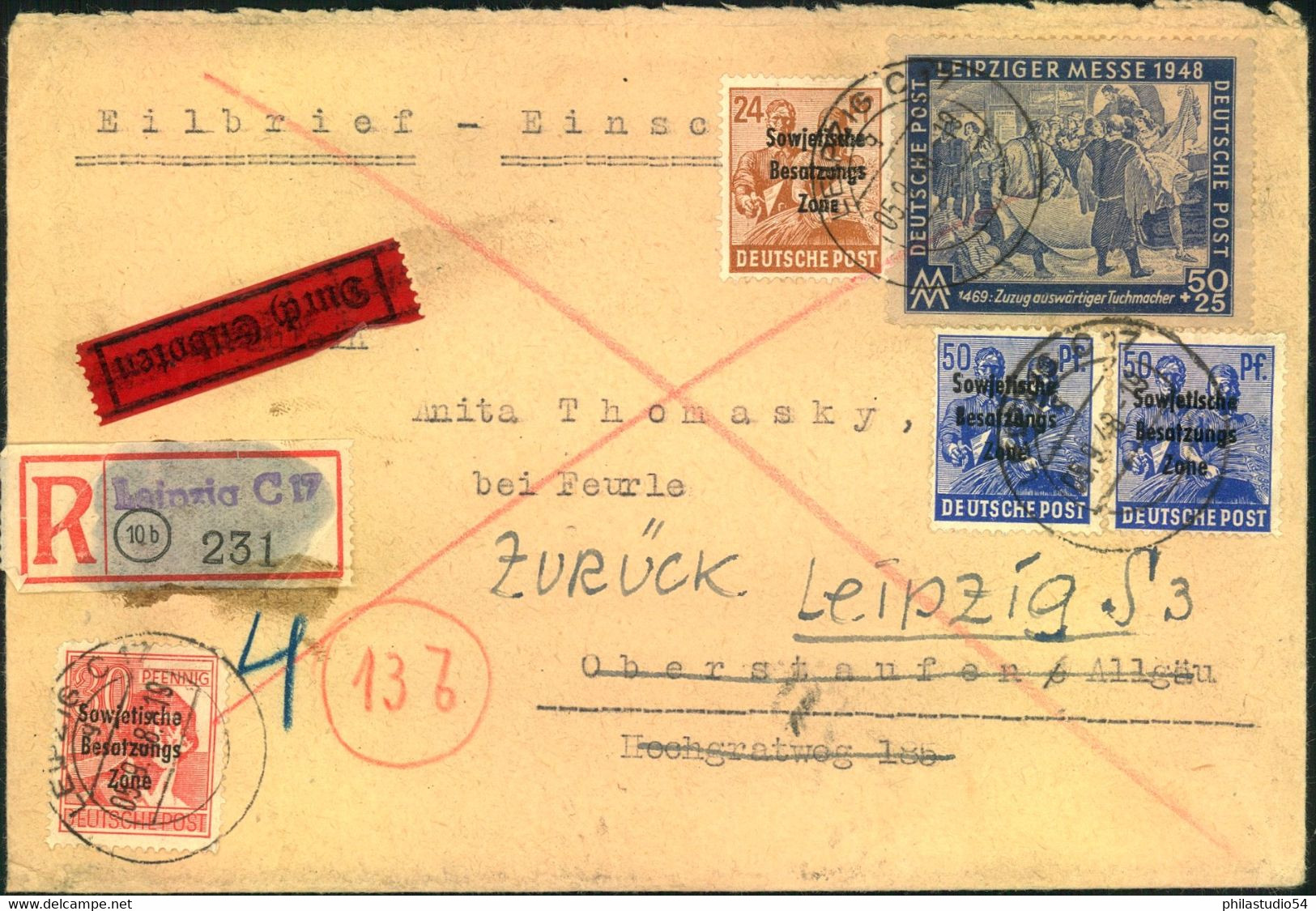 1948, Einschreiben/Eilboten 2. Gewicht Ab LEIPZIG. 4 Pfg. Fehlporto (Soll 208 - Ist 204) - Sonstige & Ohne Zuordnung