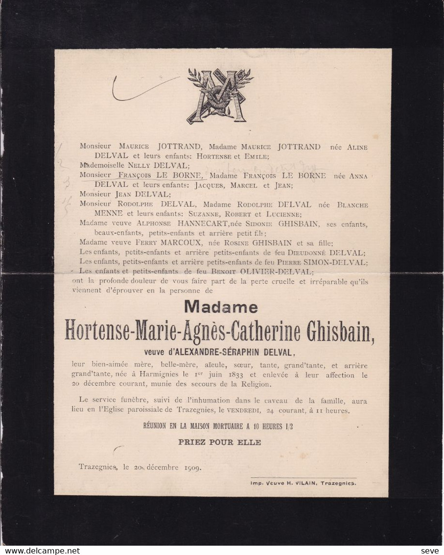 HARMIGNIES TRAZEGNIES GHISBAIN Hortense Veuve DELVAL 1833-1909 Familles JOTTRAND LE BORNE MARCOUX - Obituary Notices