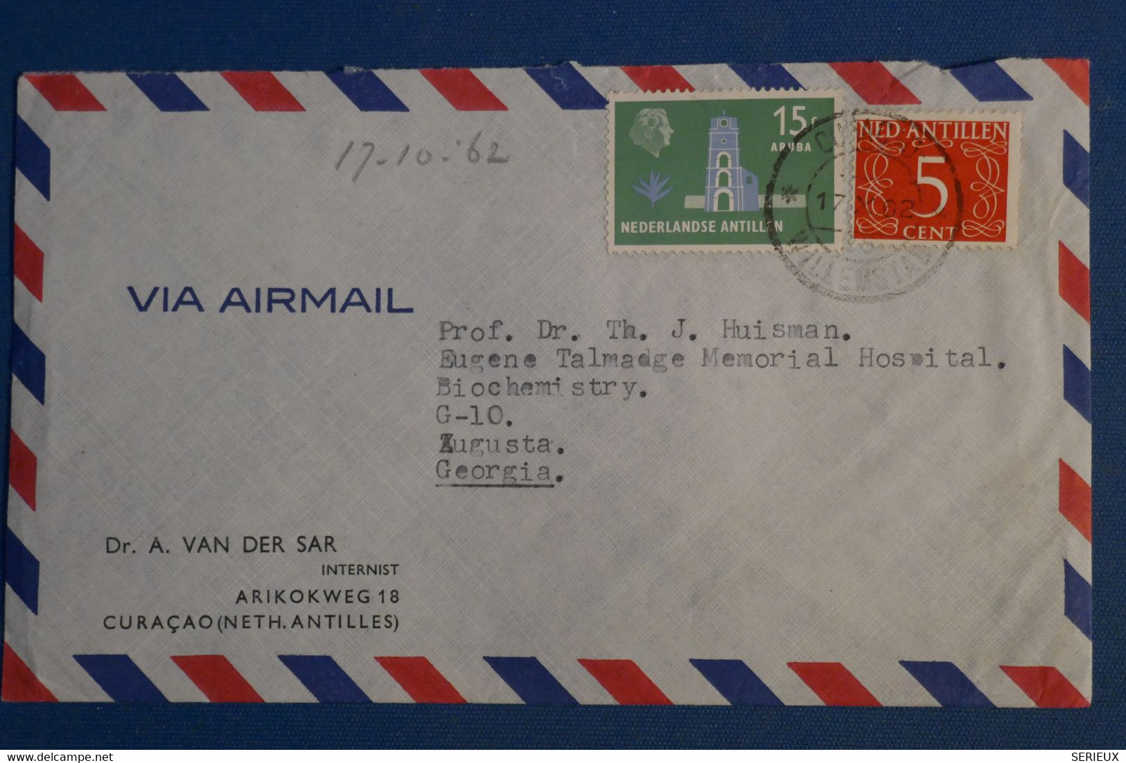 AC5  ANTILLES NEERLANDAISES  BELLE LETTRE  1962  CURACAO POUR   AUGUSTA USA   + AFFRANCHISSEMENT PLAISANT - Curaçao, Nederlandse Antillen, Aruba