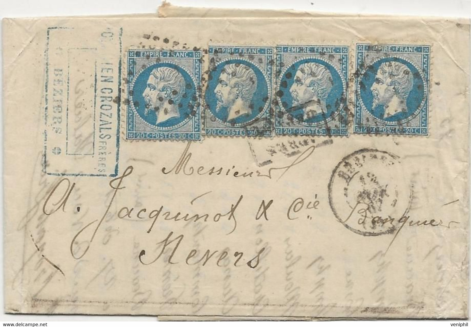 LETTRE AFFRANCHIE A 80 CENTIMES AVEC 4 EXEMPLAIRES N° 22 -CAD BEZIERS 1887 TB - 1862 Napoléon III.