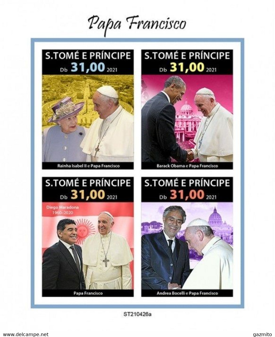 S. Tomè 2021, Pope Francis, Maradona, Bocelli, Queen Elisabeth, 4val In BF IMPERFORATED - Chanteurs