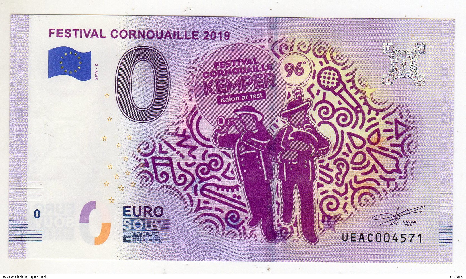 2019-2 BILLET TOURISTIQUE FRANCE 0 EURO SOUVENIR N° UEAC004573 FESTIVAL CORNOUAILLE 2019 Musique - Pruebas Privadas