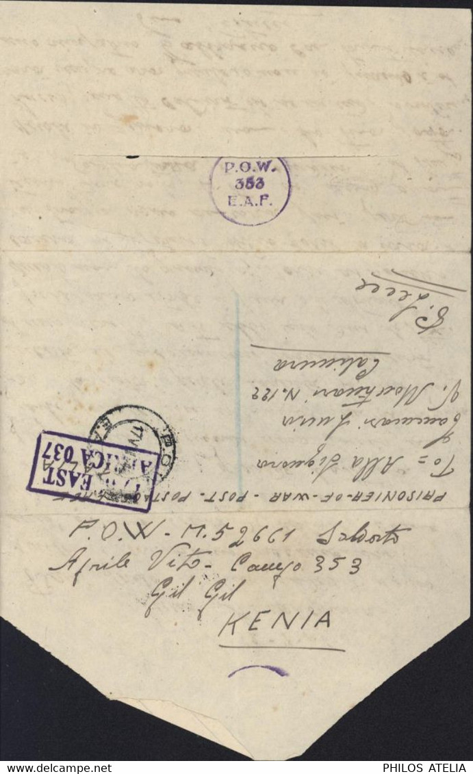 Guerre 40 Correspondance Prisonnier De Guerre Italien Cachet P.O.W. E.A.F. 353 Gilgil Kenya Censures P/W East Africa 037 - Kenya & Oeganda