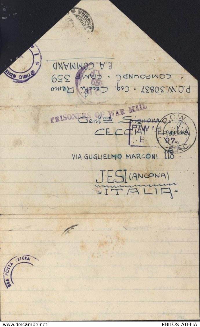 Guerre 40 Correspondance Prisonnier De Guerre Italien Cachet P.O.W. E.A.F. 359 Burguret Kenya Censures Italie Angleterre - Kenya & Uganda