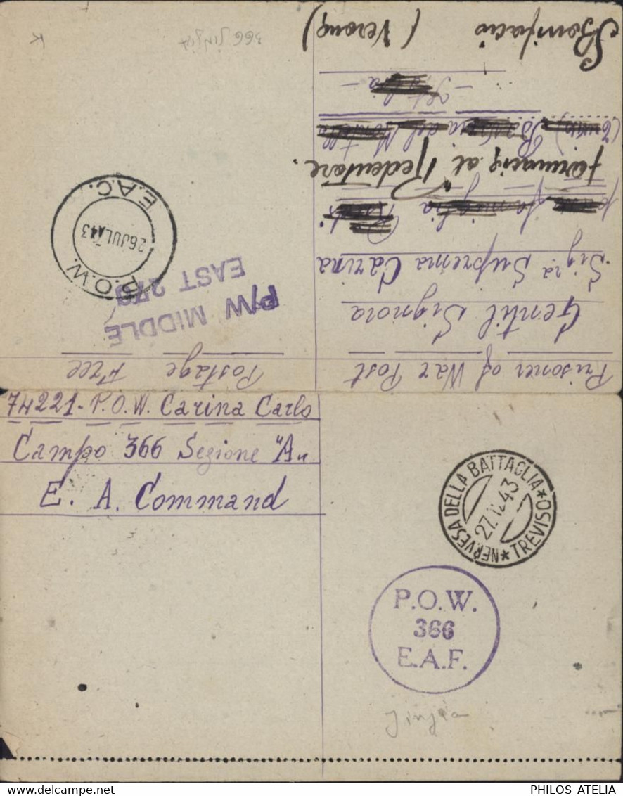 Guerre 40 Correspondance Prisonnier De Guerre Italien Cachet P.O.W. E.A.F. 366 Jinja Ouganda Censure Angleterre - Kenya & Oeganda