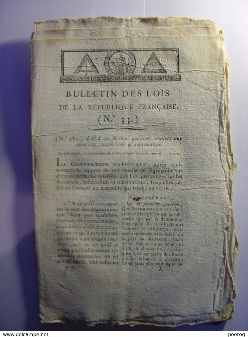 BULLETIN DES LOIS De 1794 - DONATIONS SUCCESSIONS ET SUBSTITUTIONS - TRES COMPLET - FRUCTIDOR AN II° - CHAUBE GRANDVILLE - Wetten & Decreten