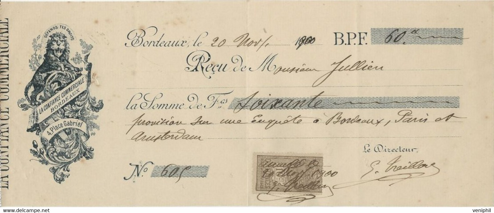 LETTRE DE CHANGE TIMBREE -LA CONFIANCE COMMERCIALE BORDEAUX -ANNEE 1900 - Wissels