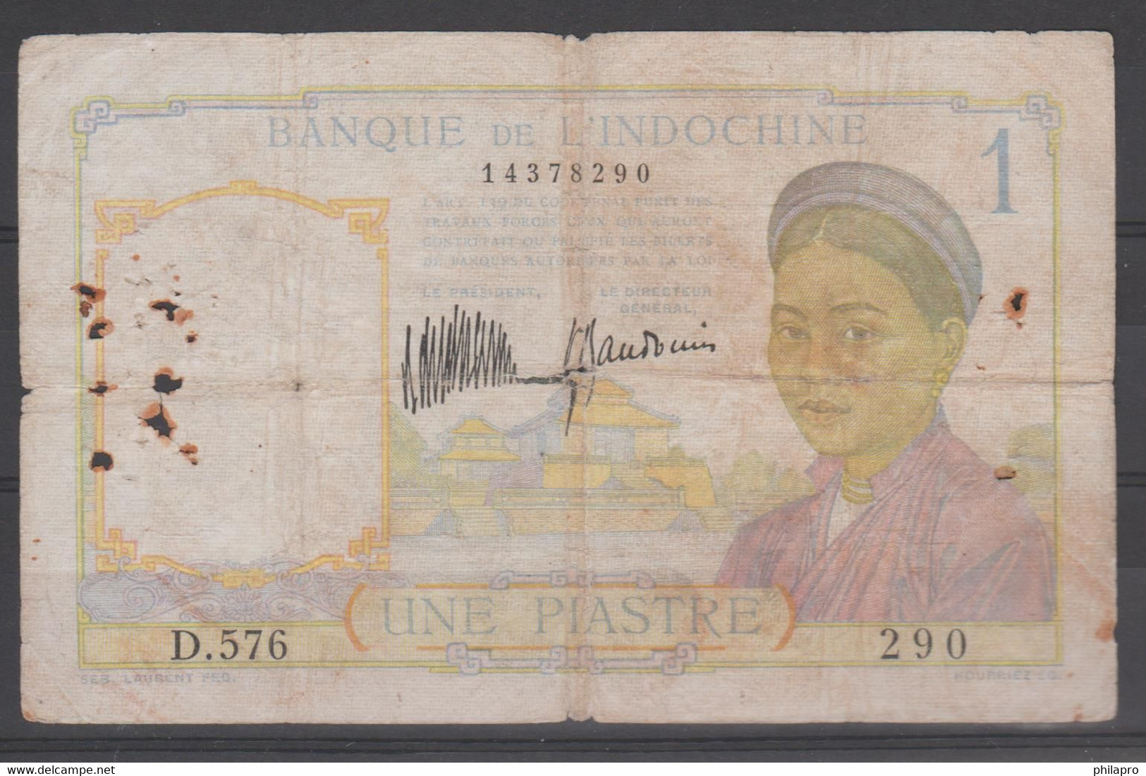 INDOCHINE  CAMBODGE LAOS VIETNAM  Banknote BLUE NUMERAL 1  PICK N°52  F - Indochina