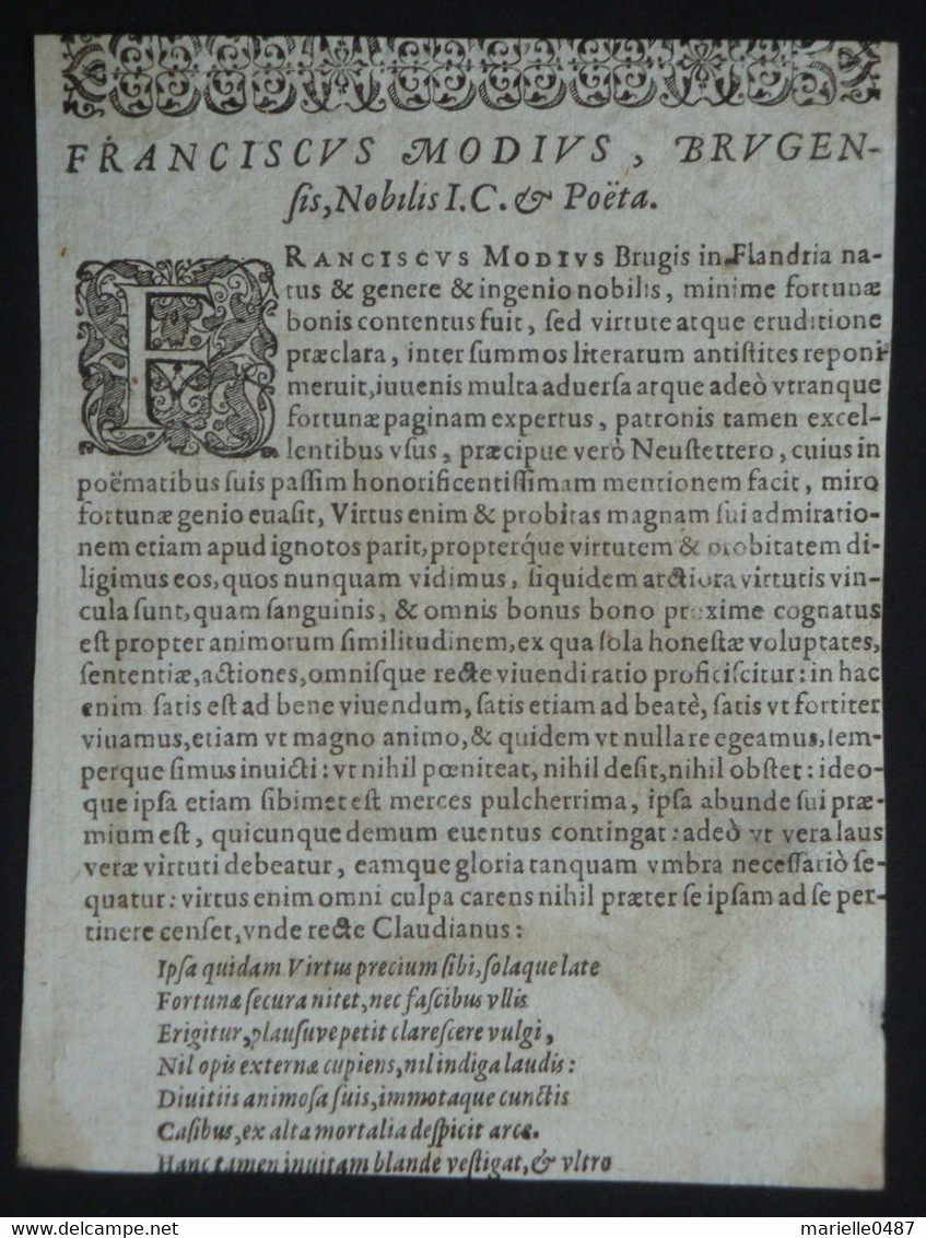 Théodore De Bry (Liège 1528 - Francfort 1598) - Portrait De Franciscus Modius. - Tot De 18de Eeuw