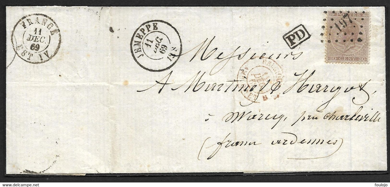 19 Sur Lettre Obli. LP 197 CaD Jemeppe  Le 11 Dec 1869 + Cachet PD Vers La FRANCE (lot 806) - 1865-1866 Linksprofil