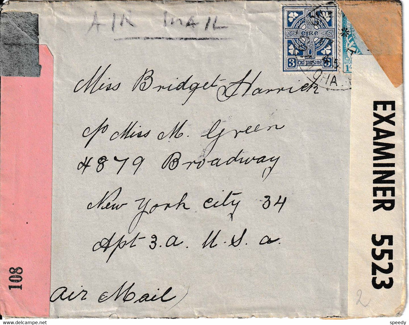 "AIRMAIL" Met PZ (Ierland) Y&T 85 En 89 (1 Sh !!!) "COANOHA 17.II.45" N. NEW YORK Met Dubbele Censuurlabel UK En IERLAND - Brieven En Documenten