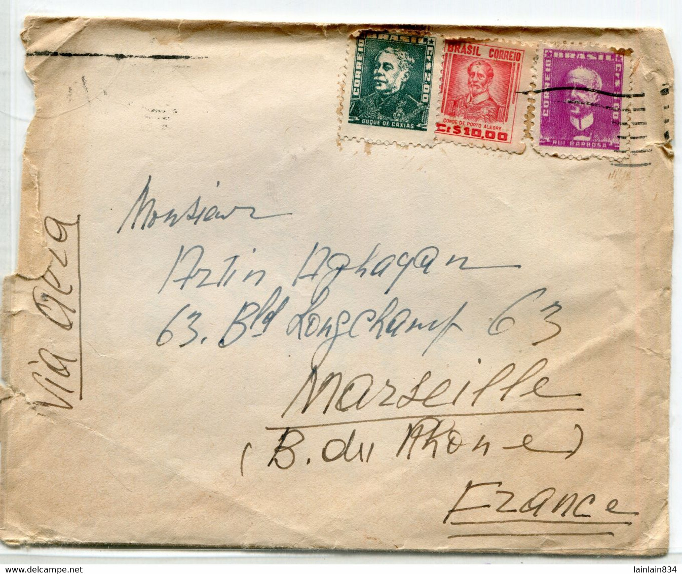 - Letter From S Paulo - Brésil, 1957, 3 Stamps, Timbres, Via Aéra, Pour Marseille France, Scans.  . - Cartas & Documentos