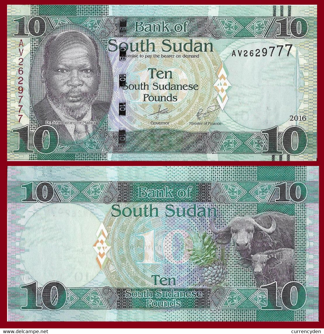 South Sudan P12b, 10 Pounds, Dr John De Mabior / Buffalos, Pineapple UNC $3CV - South Sudan