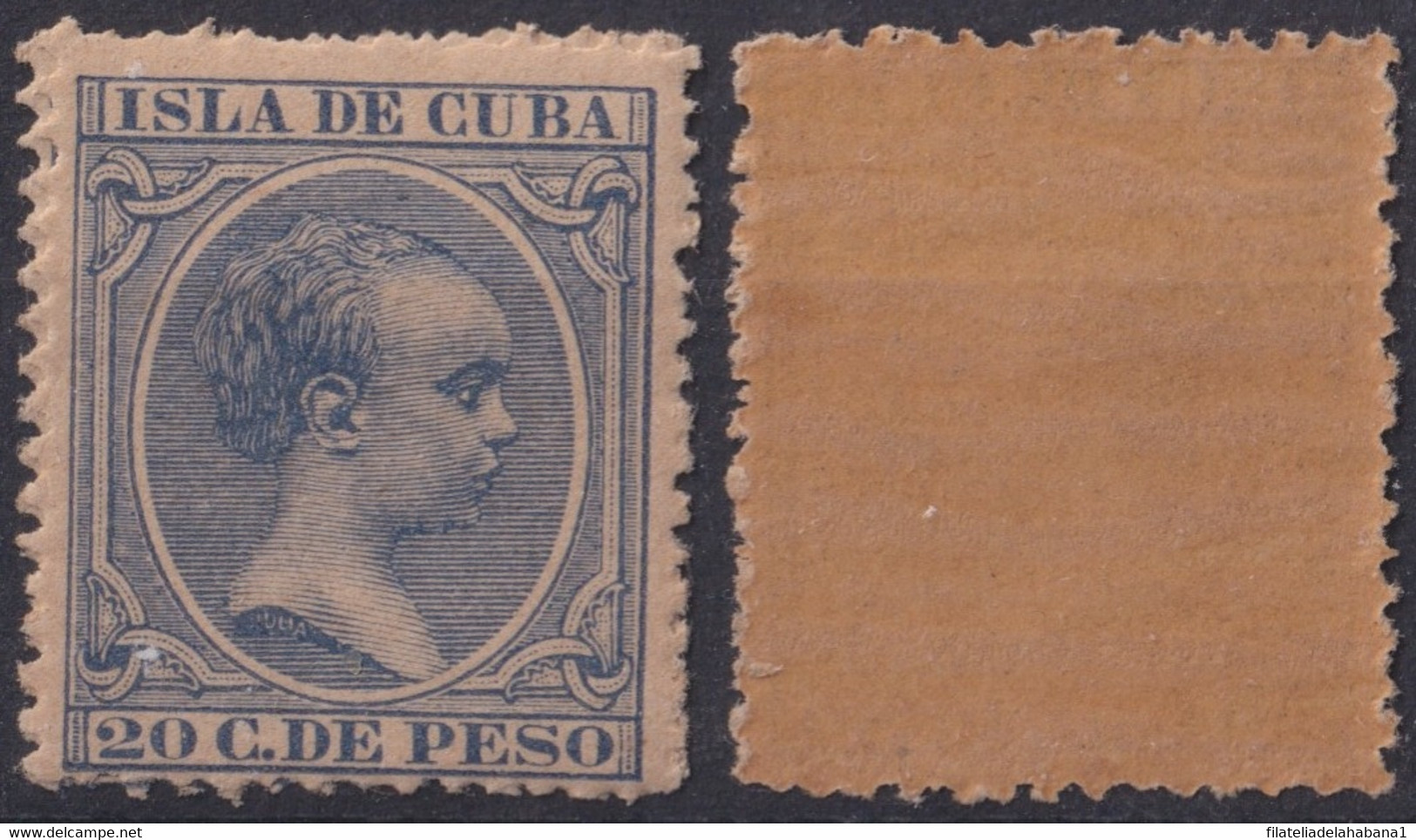 1891-124 CUBA 1891 ALFONSO XII 20c AZUL GOMA ORIGINAL. - Prephilately