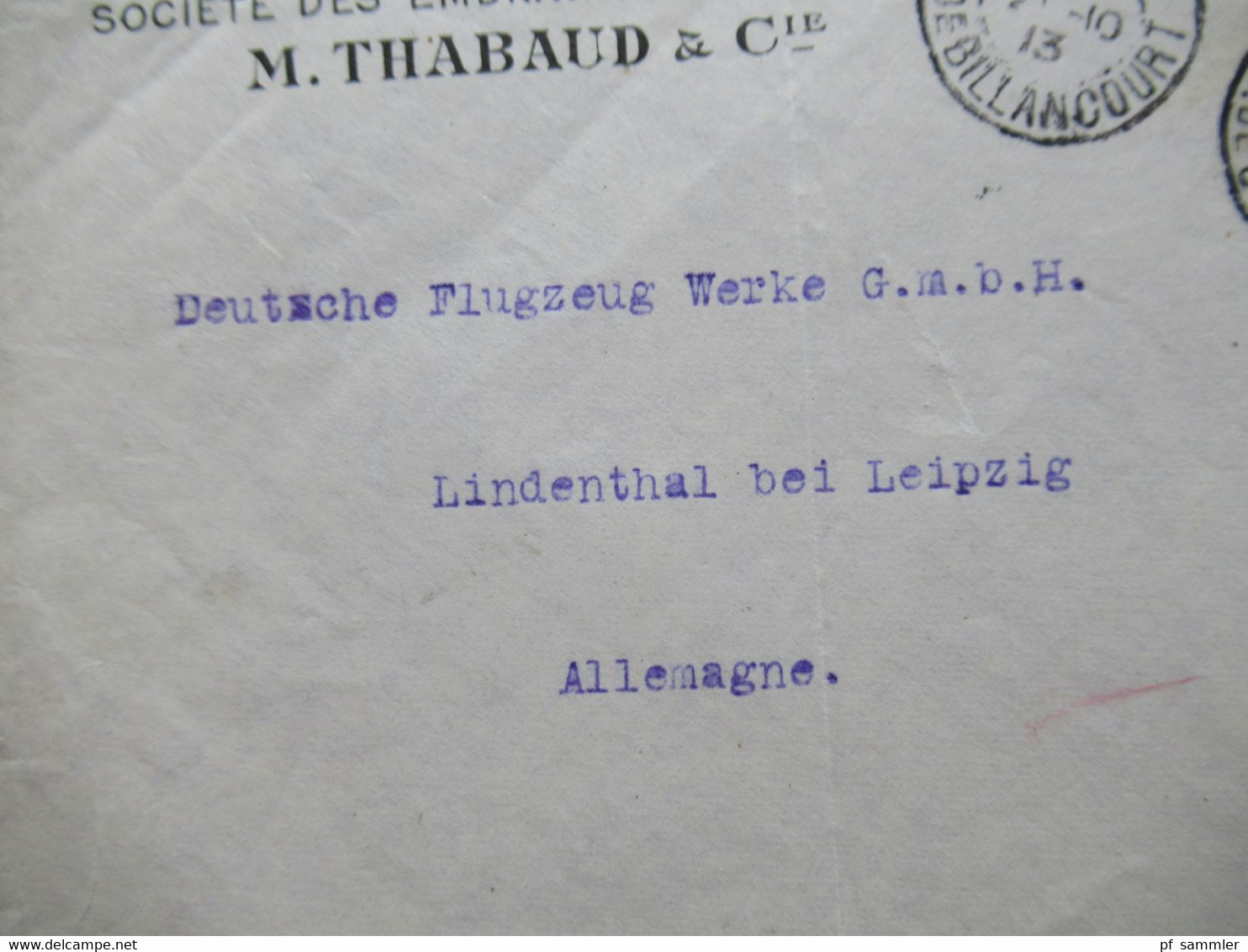 Frankreich 1913 Umschlag Societe Des Embrayages Hele-Shaw An: Deutsche Flugzeug Werke Lindenthal Bei Leipzig - Lettres & Documents