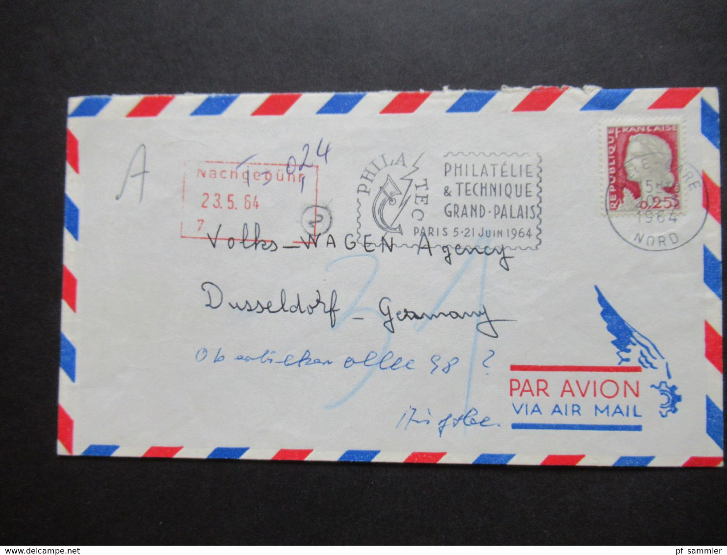 Frankreich 1964 Luftpost Lille Gare - Düsseldorf Mit Rotem Stempel Ra3 Nachbegühr Stempel Phila Tec - Storia Postale