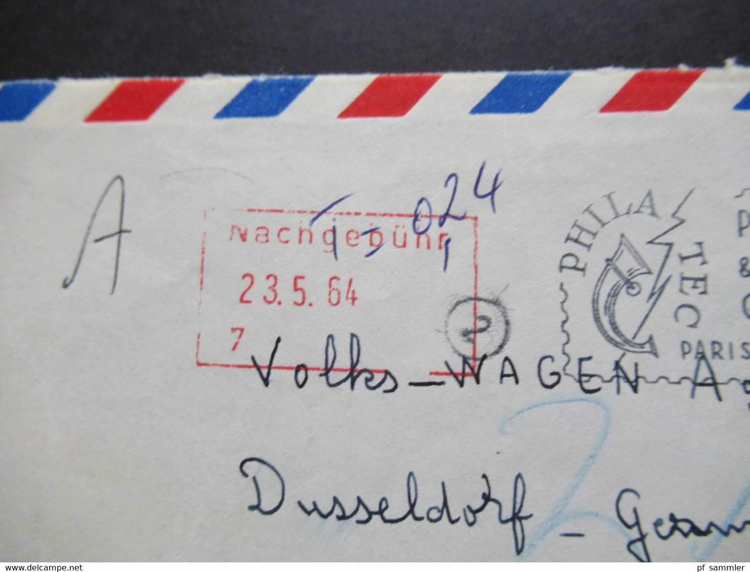 Frankreich 1964 Luftpost Lille Gare - Düsseldorf Mit Rotem Stempel Ra3 Nachbegühr Stempel Phila Tec - Storia Postale