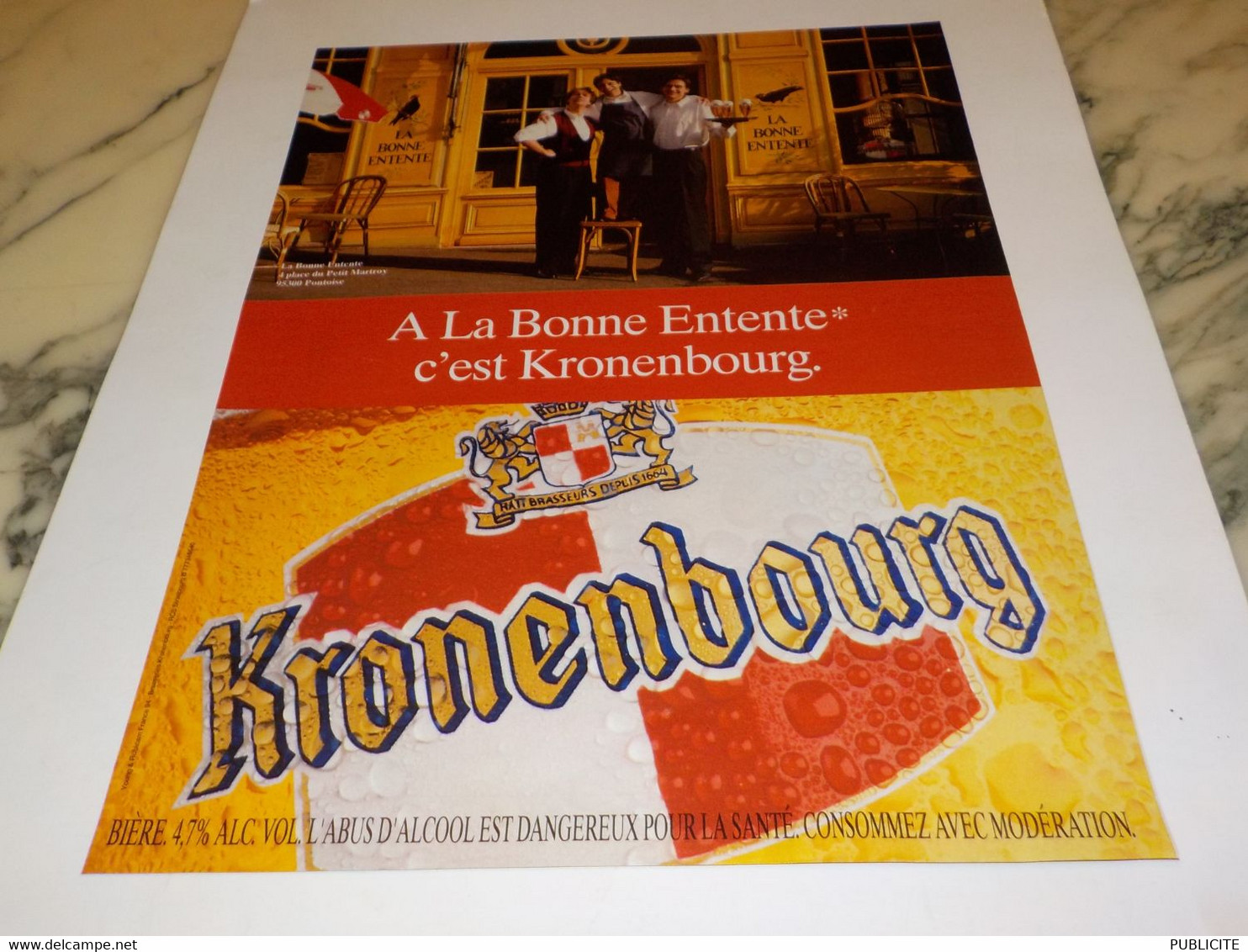 ANCIENNE PUBLICITE A LA BONNE ENTENTE  BIERE KRONENBOURG 1995 - Alcoholes