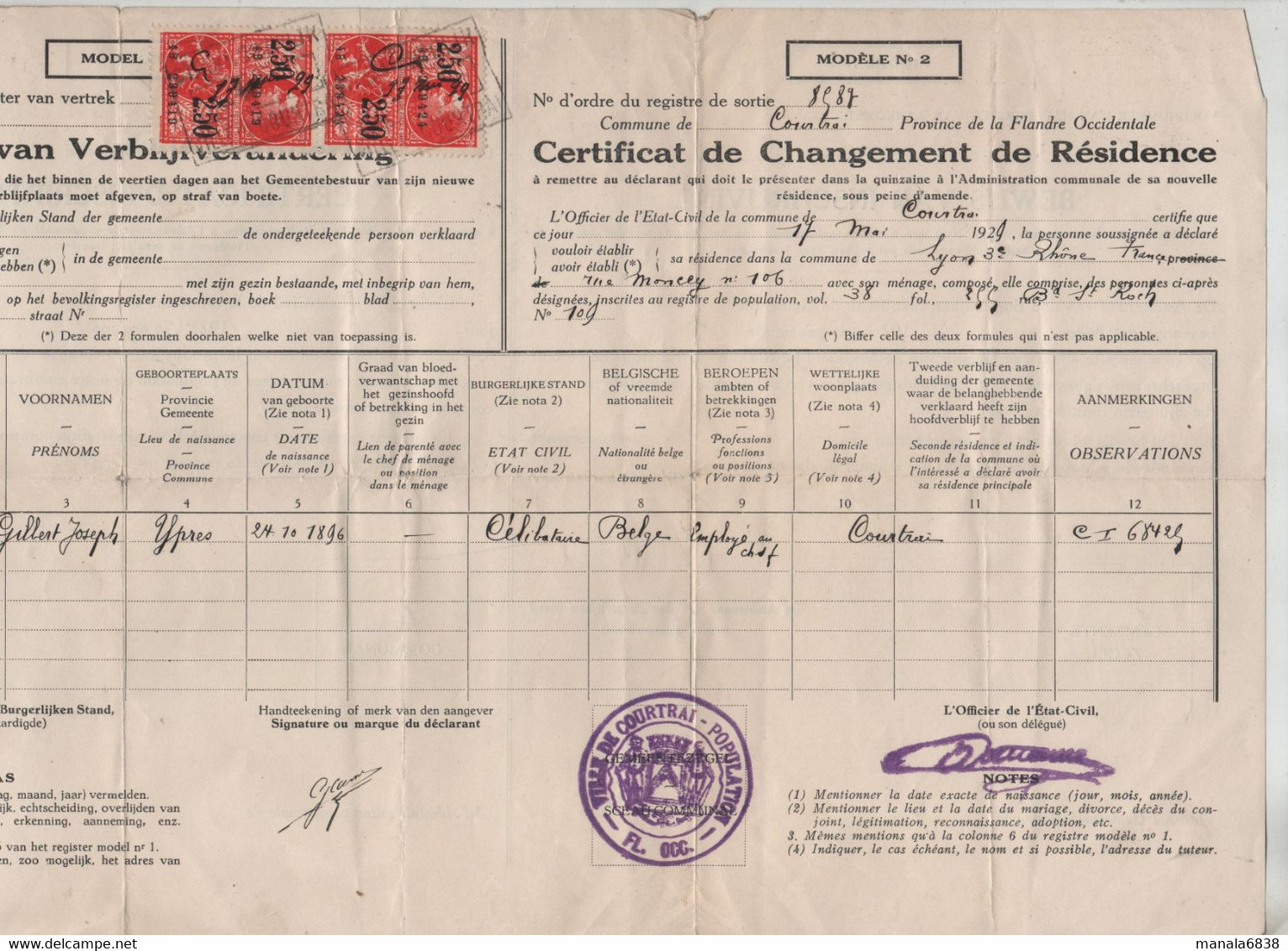 Certificat Changement Résidence Courtrai 1929 Casier Ypres - Non Classés