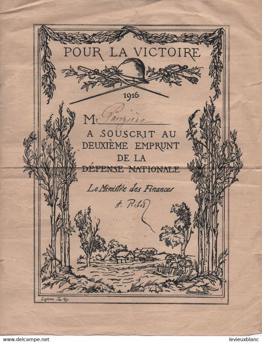 Reçu  De SOUSCRIPTION/ Pour La Victoire/Deuxiéme Emprunt De La DEFENSE NATIONALE/Pauziére/1916     POIL206 - 1914-18