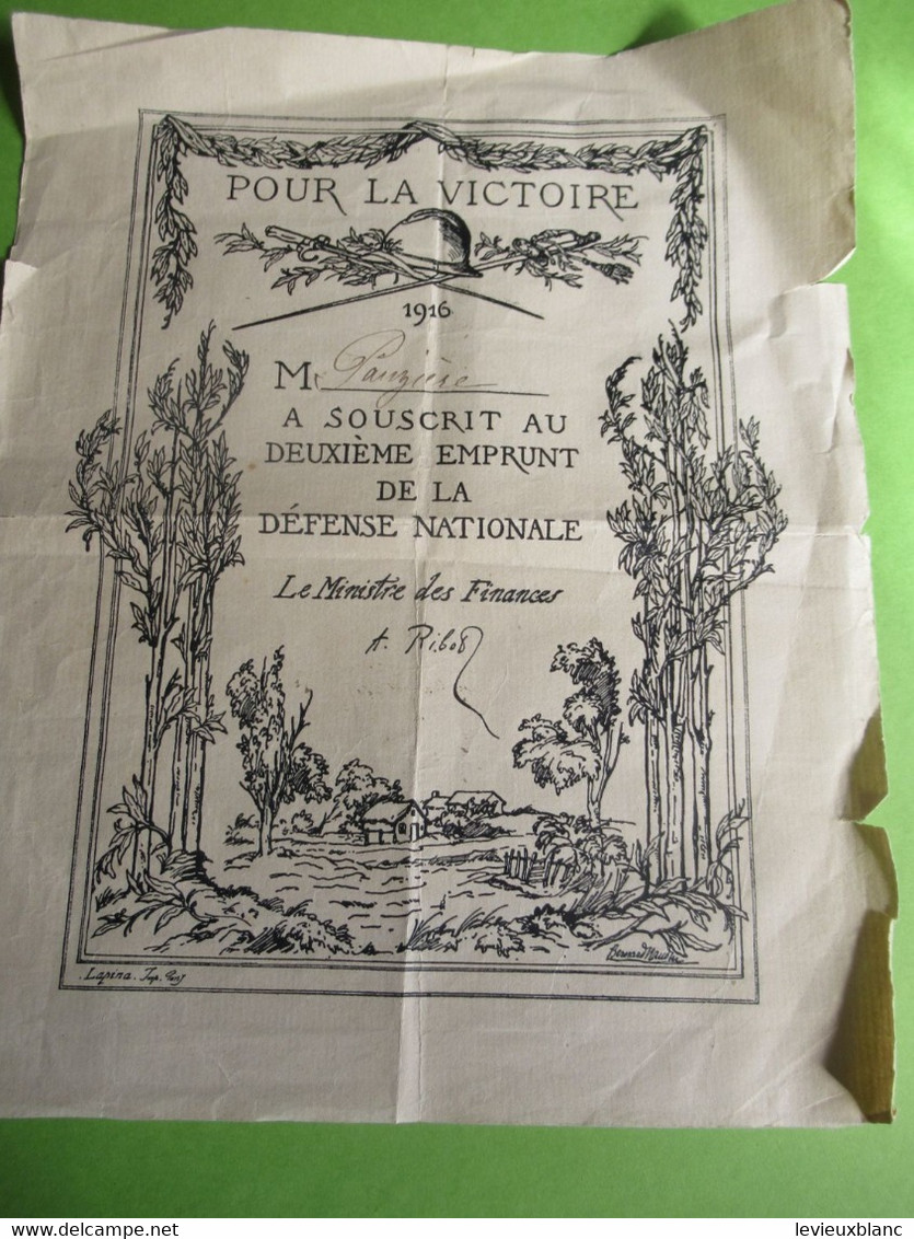 Reçu  De SOUSCRIPTION/ Pour La Victoire/Deuxiéme Emprunt De La DEFENSE NATIONALE/Pauziére/1916     POIL206 - 1914-18