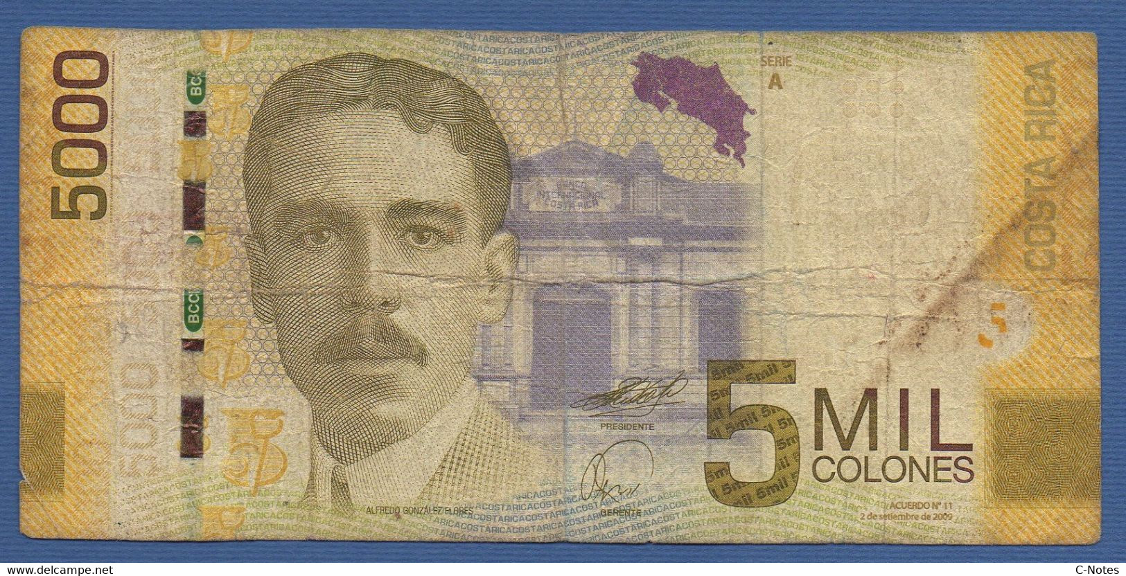 COSTA RICA - P.276a – 5.000 Colones 2009  Circulated  Serie A006206072 - Costa Rica