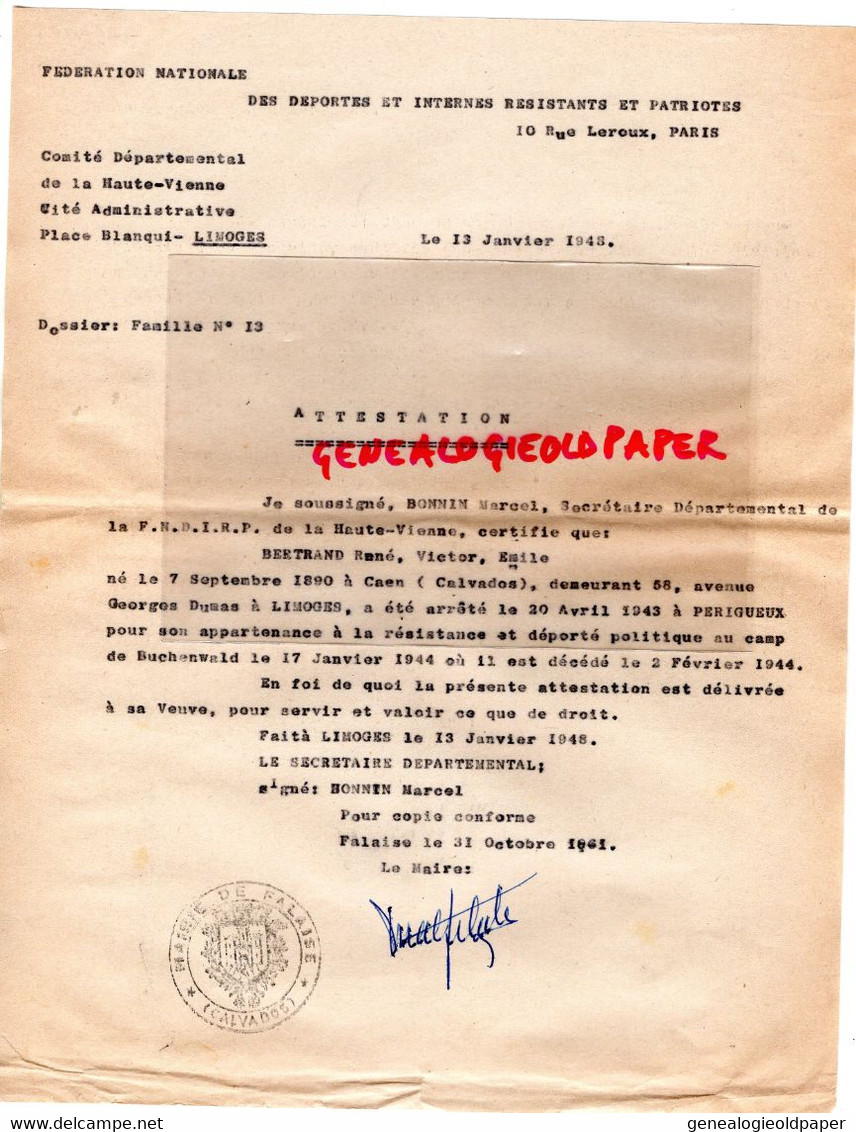 87-LIMOGES- RESISTANCE LIBERATION- BONNIN MARCEL-BERTRAND RENE CAEN-PERIGUEUX-BUCHENWALD-1944-MAIRIE FALAISE - Historical Documents