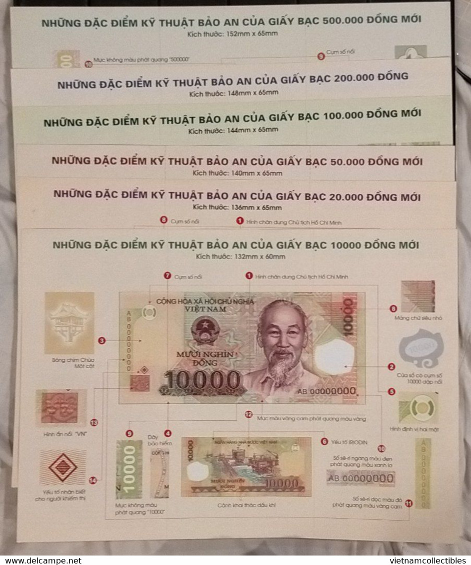 Full Set 6 Vietnam Viet Nam Information Leaflets Of Polymer Banknote 10000d 20000d 50000d 100000d 200000d & 500000d - Viêt-Nam