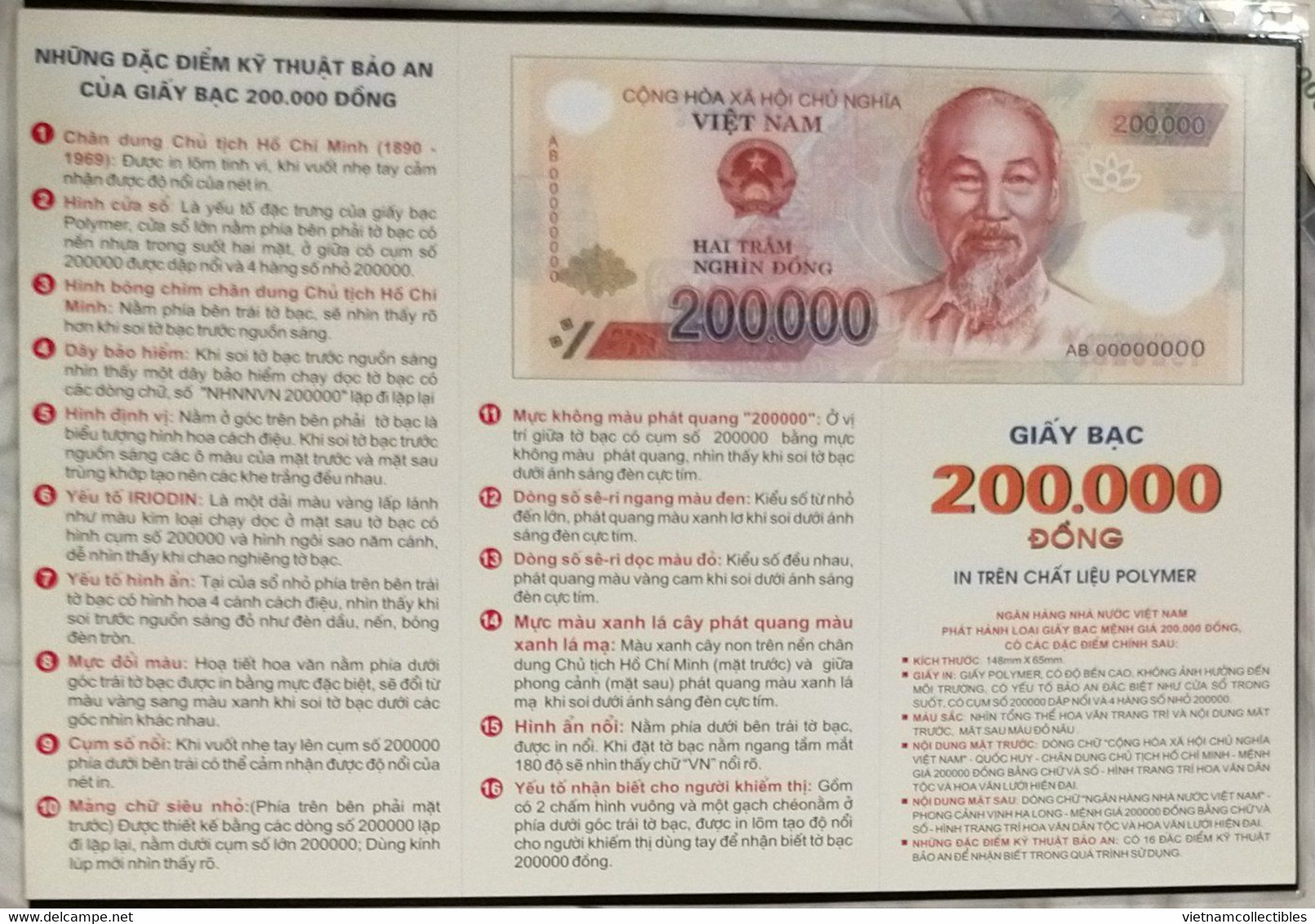 Full Set 6 Vietnam Viet Nam Information Leaflets Of Polymer Banknote 10000d 20000d 50000d 100000d 200000d & 500000d - Viêt-Nam