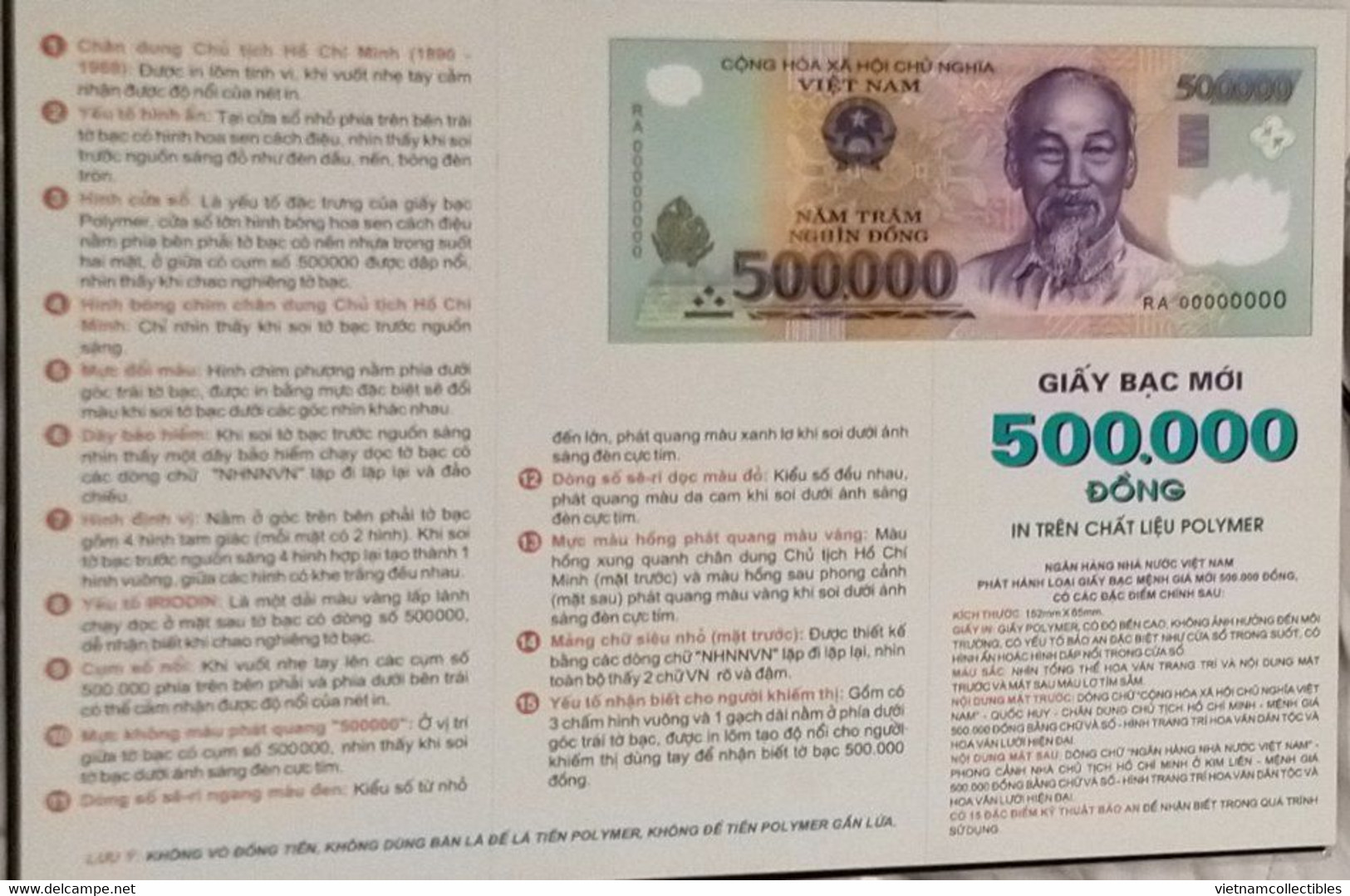 Full set 6 Vietnam Viet nam Information leaflets of polymer banknote 10000d 20000d 50000d 100000d 200000d & 500000d