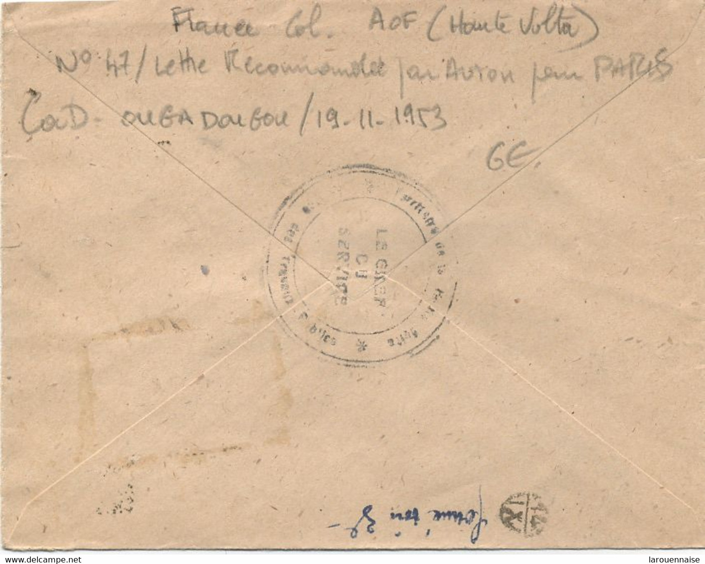 AOF  - HAUTE VOLTA  -N°47 / LETTRE RECOMMANDEE Par AVION Pour PARIS  -C à D OUGADOUGOU / 19 -11-1953 - Briefe U. Dokumente