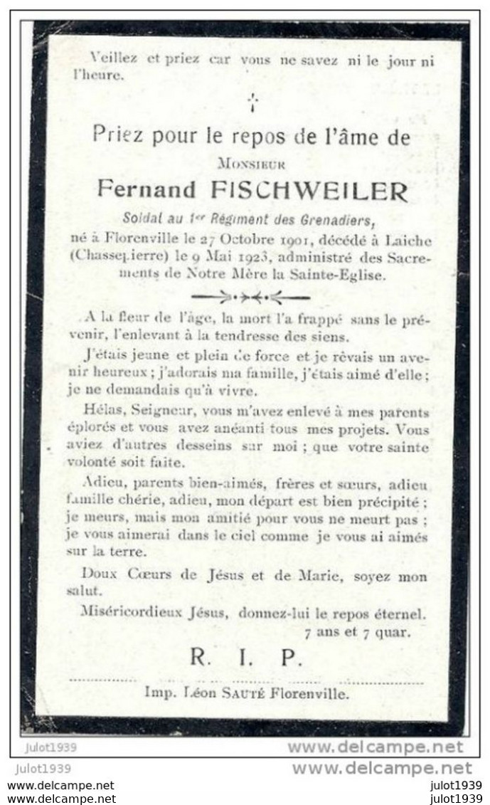 LAICHE ..-- Mr Fernand FISCHWEILER , 1er Régiment Grenadiers , Né à FLORENVILLE En 1901 , Décédé En 1923 . - Florenville