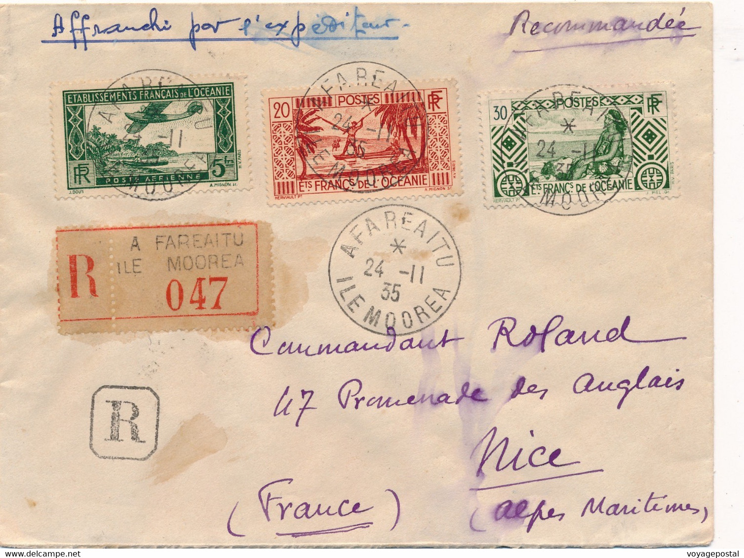 LETTRE RECOMMANDÉ OCEANIE AFAREAITU ILE MOOREA NICE FRANCE COVER - Covers & Documents