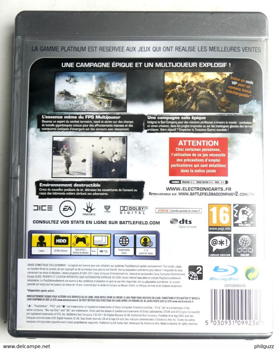 JEU PLAYSTATION PS3 BATTLEFIELD BAD COMPANY 2 AVEC BOITIER ET LIVRET - PS3