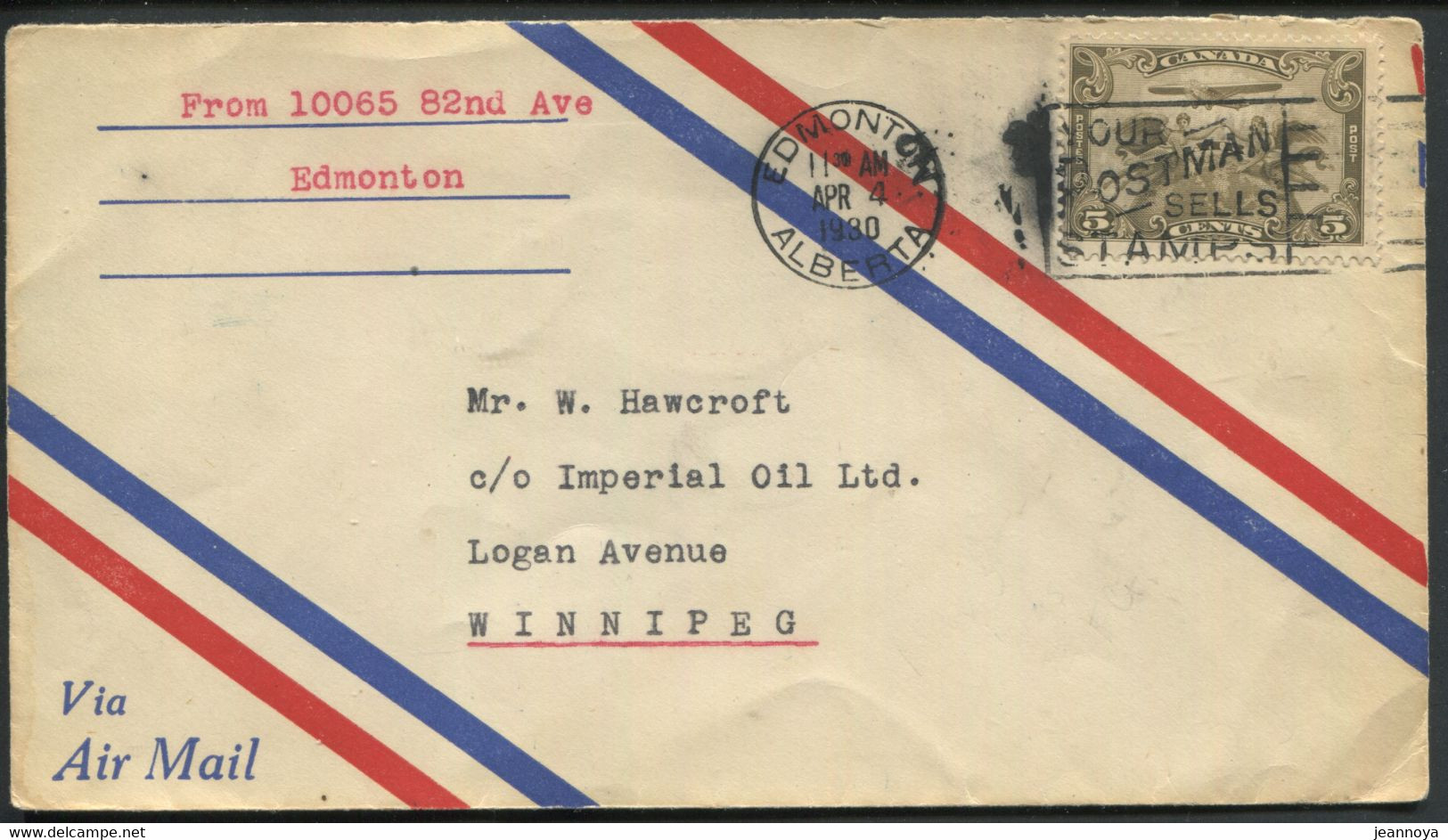 CANADA -  PA N° 1 / 1er. VOL EDMONTON- WINNIPEG LE 4/4/1930 - SUP - Erst- U. Sonderflugbriefe